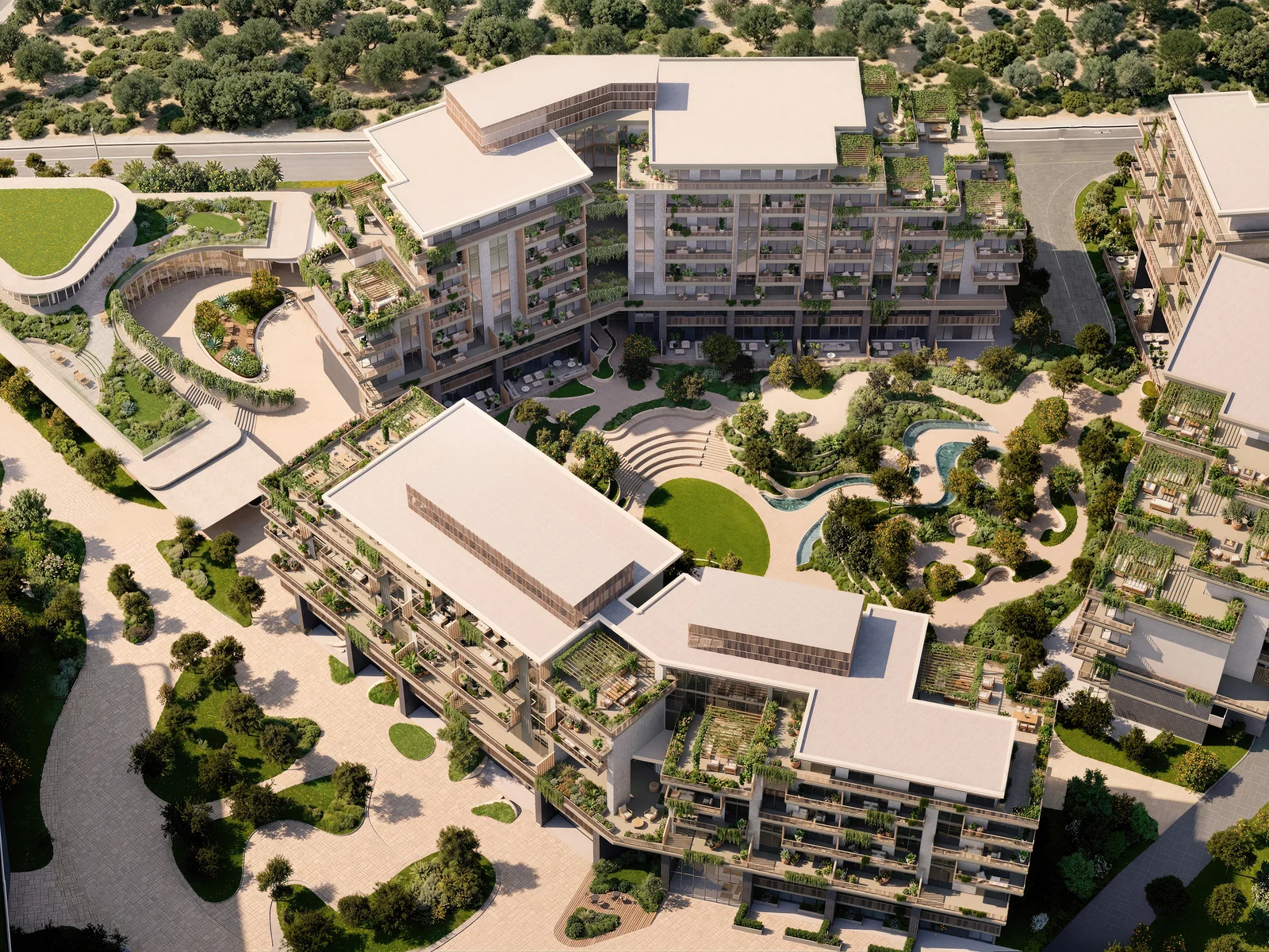Arancia Yards, Luftaufnahme des Low-Rise-Ensembles mit begrünten Courtyards in City of Arabia