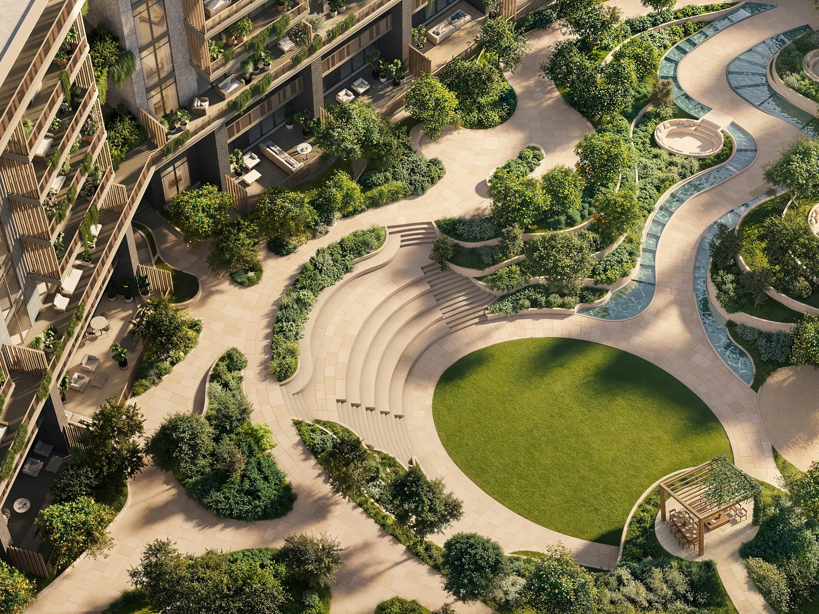 Arancia Yards, begrünter Sunken Courtyard mit Wasserfläche und Green Spine