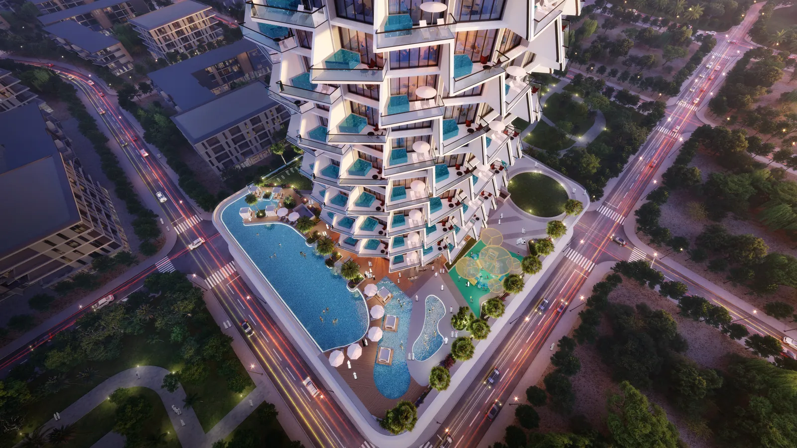Binghatti Royale, Pooldeck und Turm von oben