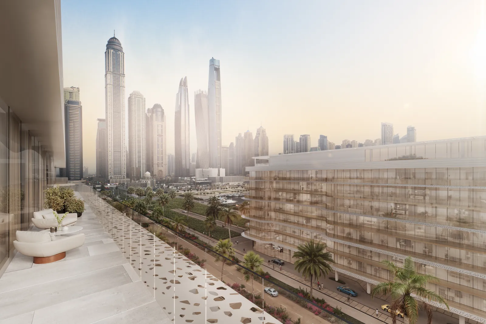 Dubai Harbour Residences, Terrasse mit Blick auf Dubai Marina