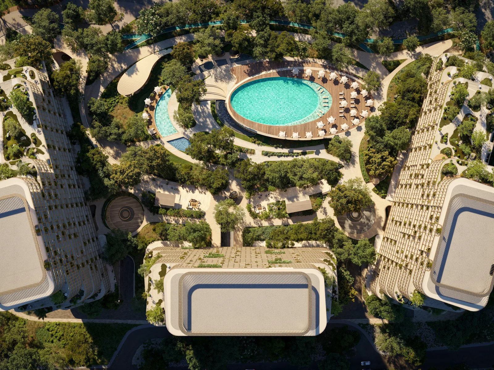 Hado, Luftbild des Siora-Masterplans auf Dubai Islands mit Pools und Türmen