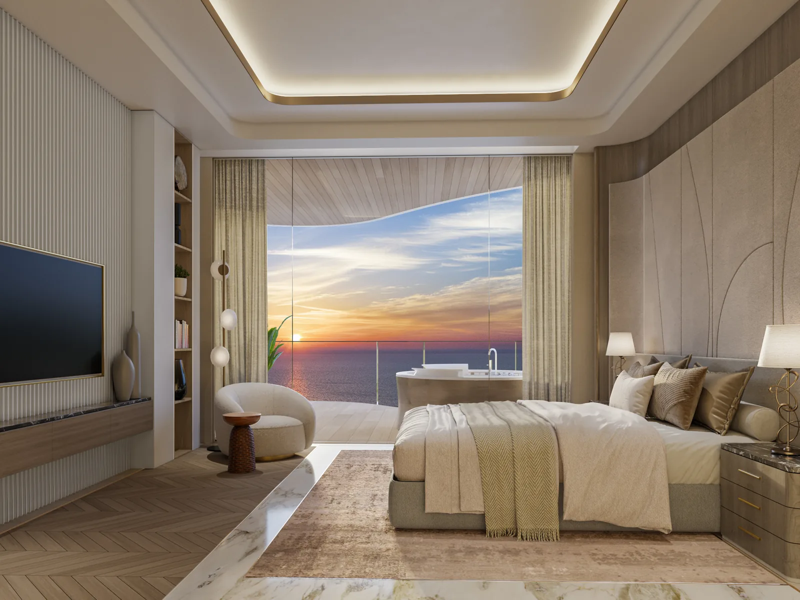 One Crescent, Master-Schlafzimmer mit Wasserblick