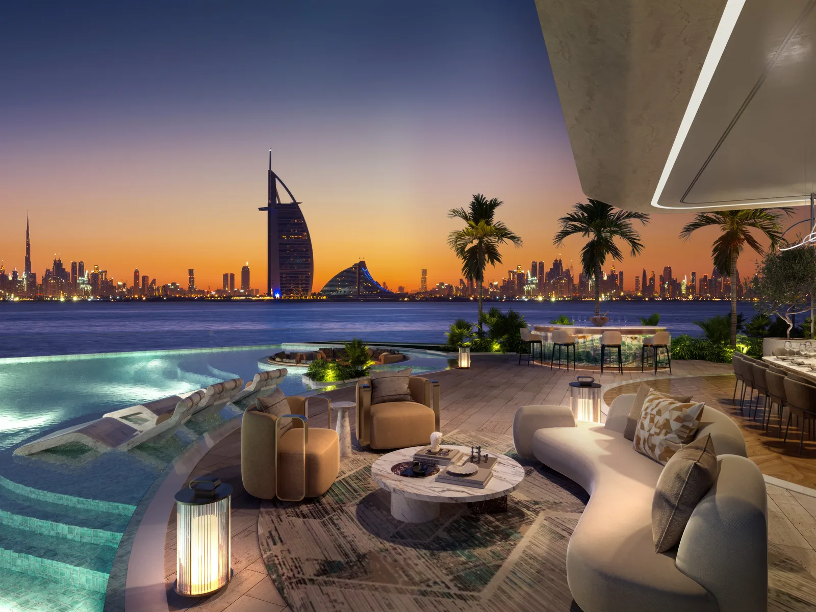 One Crescent, Sky-Terrasse mit Pool und Blick auf Burj Al Arab und Skyline