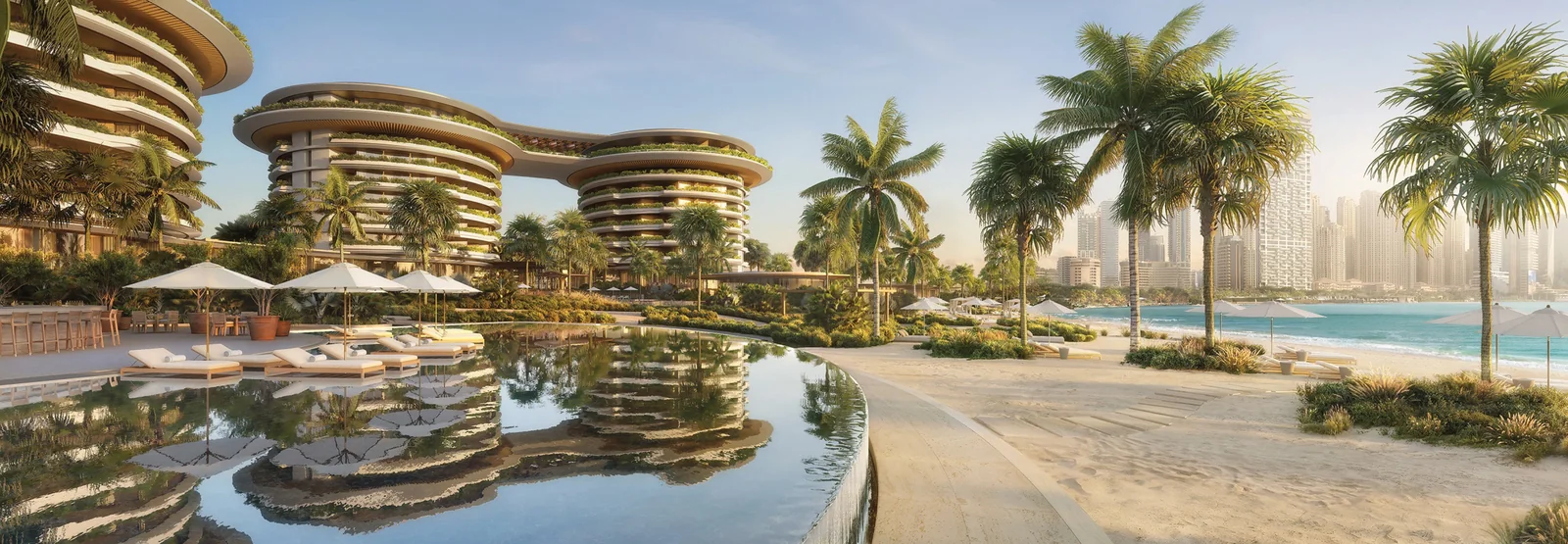 The Dubai Beach EDITION, Pool und Privatstrand mit Blick auf Dubai Marina