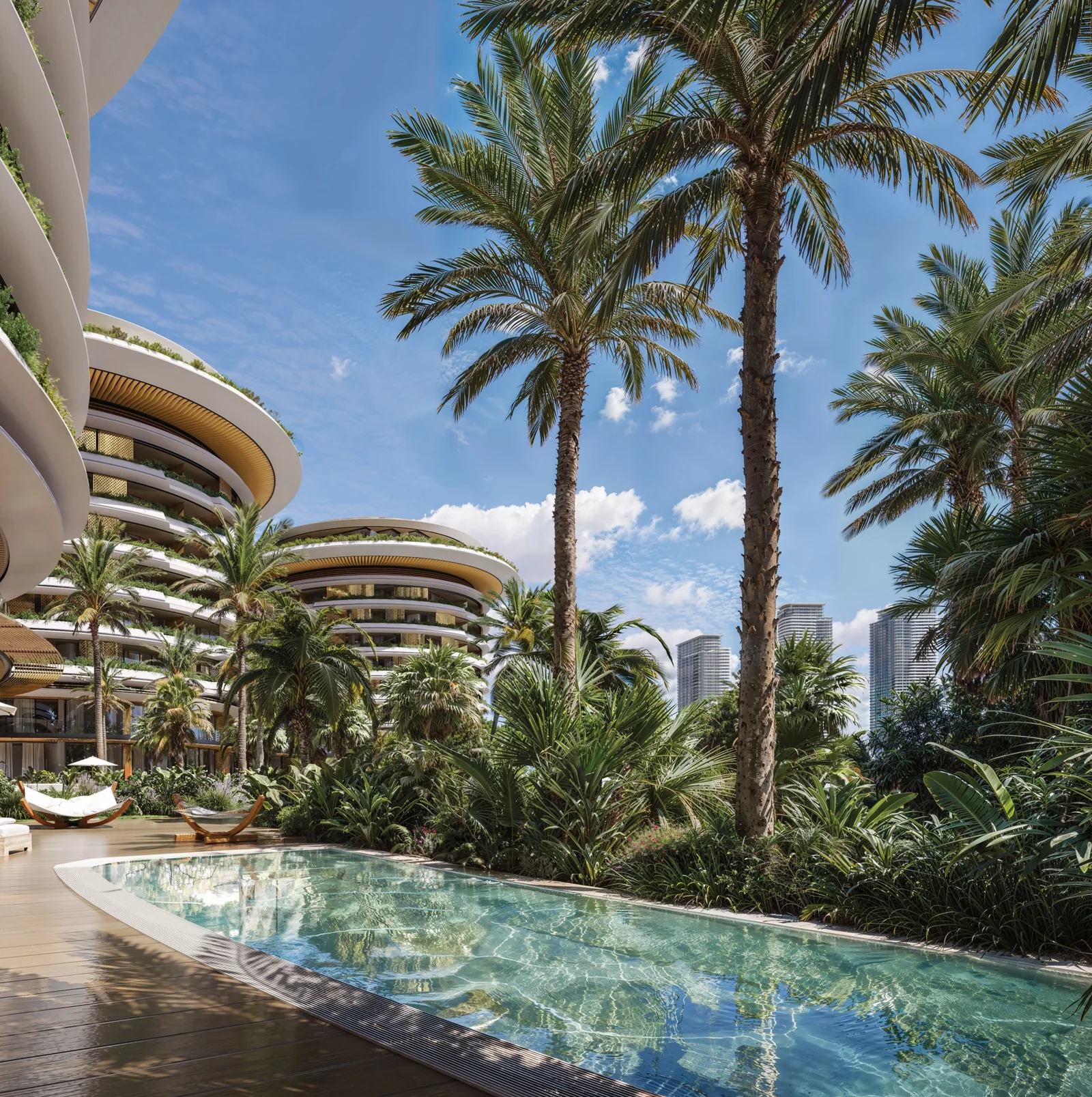 The Dubai Beach EDITION, Garten mit Pool zwischen den Türmen
